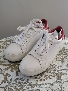 White Leather Women's Sneakers with Red Heel Accent
